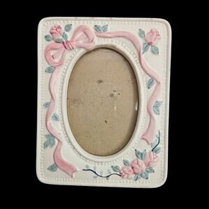 Vintage Ceramic Photo Frame Pink Ribbon Roses Oval Floral
